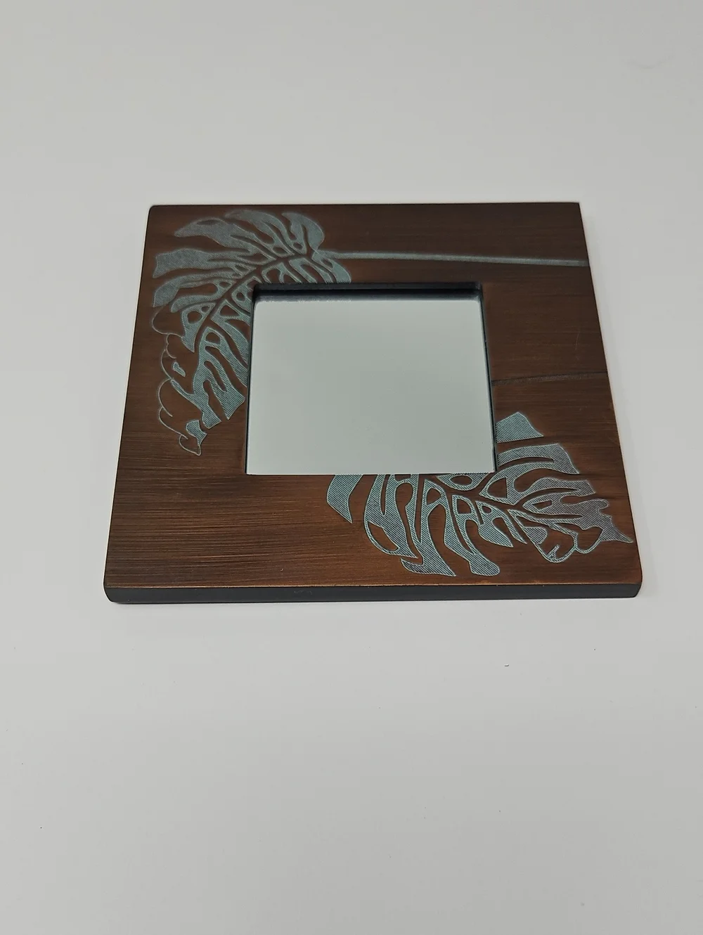 Faux Wood Wall Mirror Trio with Teal Leaf Accent - Unbranded
